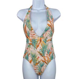 Basta Surf Women’s Pink Floral Print One Piece Swimsuit Plunging Halter Sz M NWT